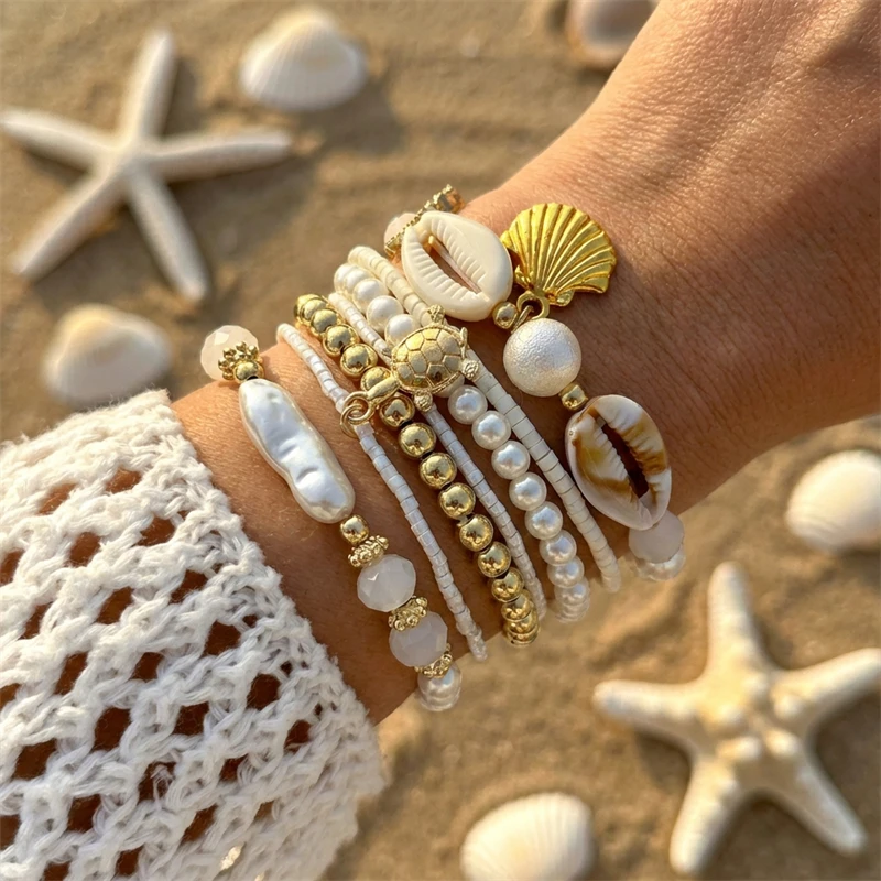 

Imitation Pearl Starfish Shell Polymer Clay Braided Bracelet Personality Stacking Jewelry Beach Vacation Style Gift
