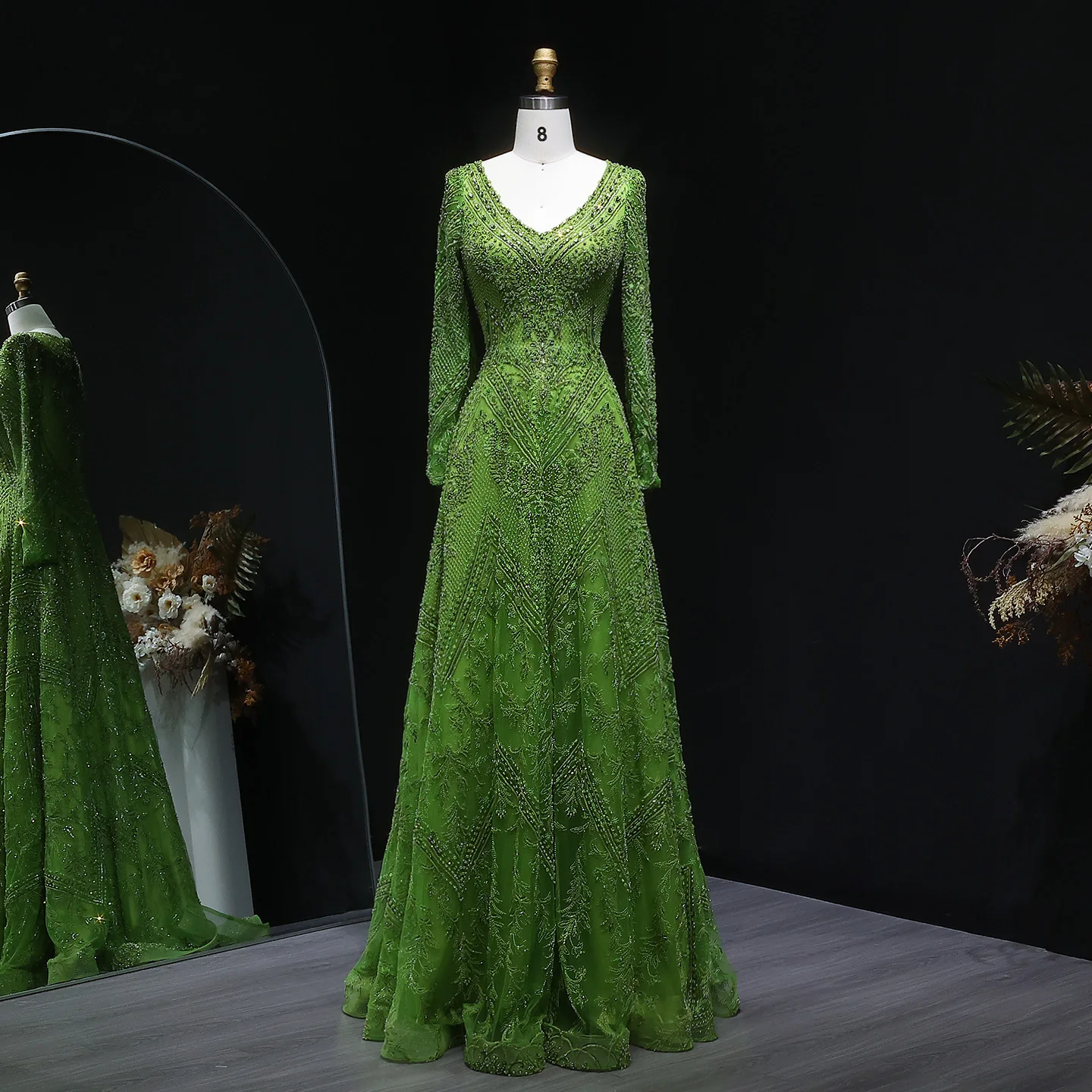 Sharon Said-vestido de noche de manga larga, color verde lima, cuello en V, cuentas de lujo, vestidos de fiesta árabes para graduación para mujer SS110 personalizado