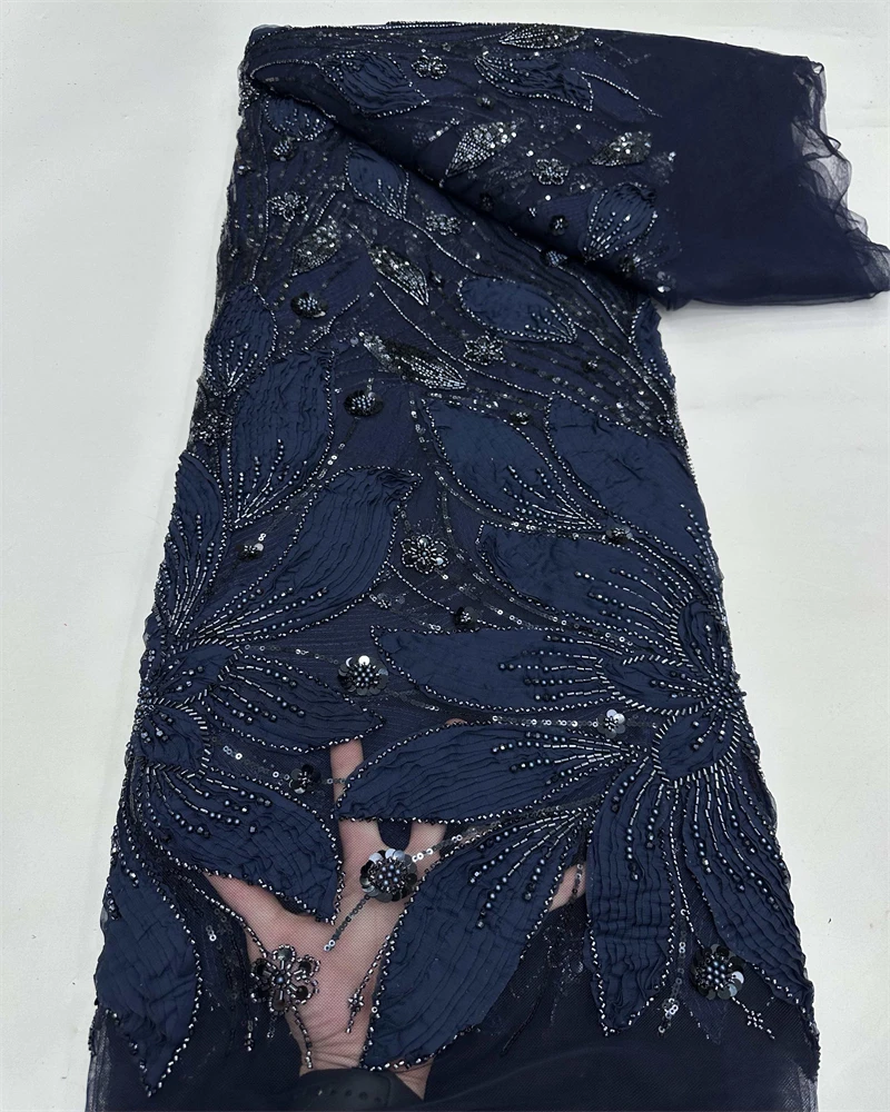 

African Handmade Beaded Tulle Lace Fabric Sequins Net Pearls Bridal Party Dress Material French Beaded Lace Fabric