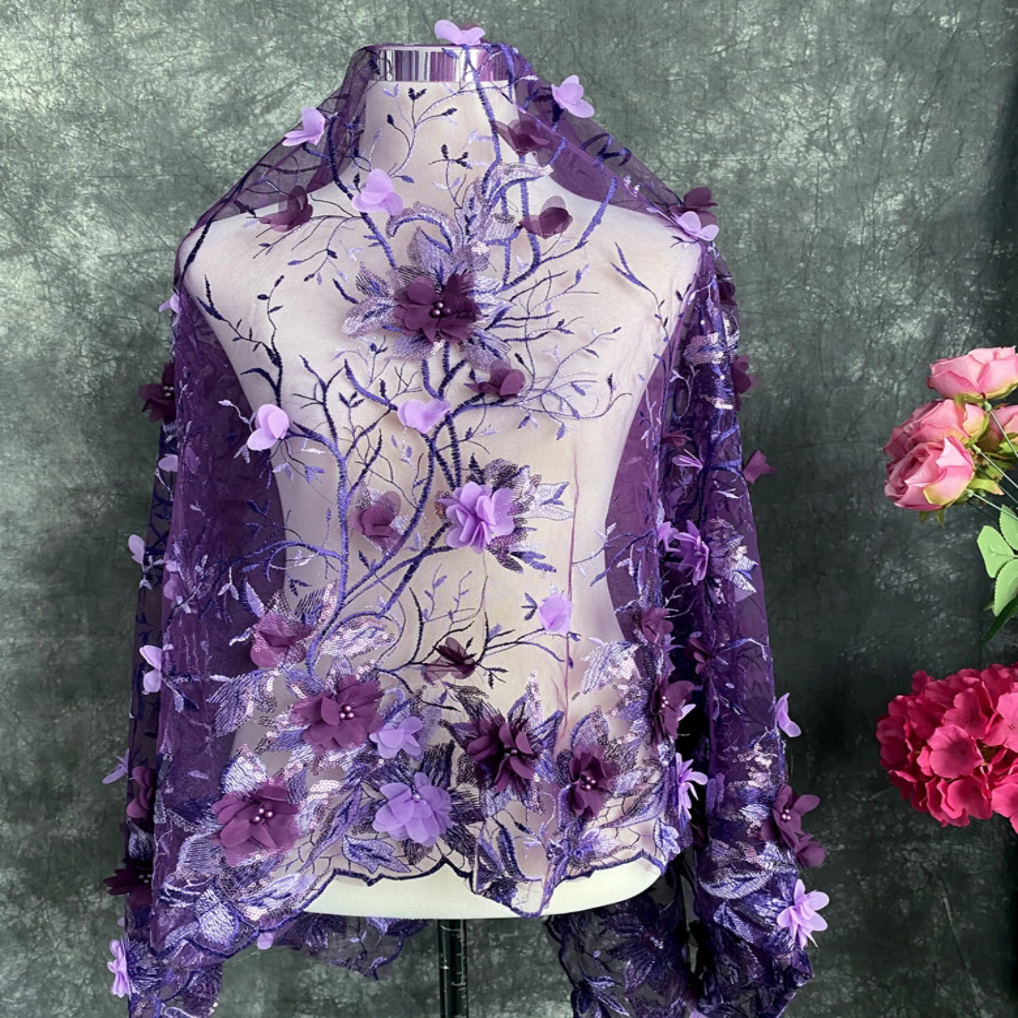 05m-hand-embroidered-sequin-fabric-with-3d-chiffon-flower-background-for-high-end-party-dress-diy-custom-made-glitter-fabric