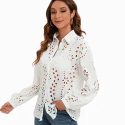 Eyelet Embroidered Shirt White Lace Blouse Hollow Out Loose Fit Top Wear Women's Summer Clothing