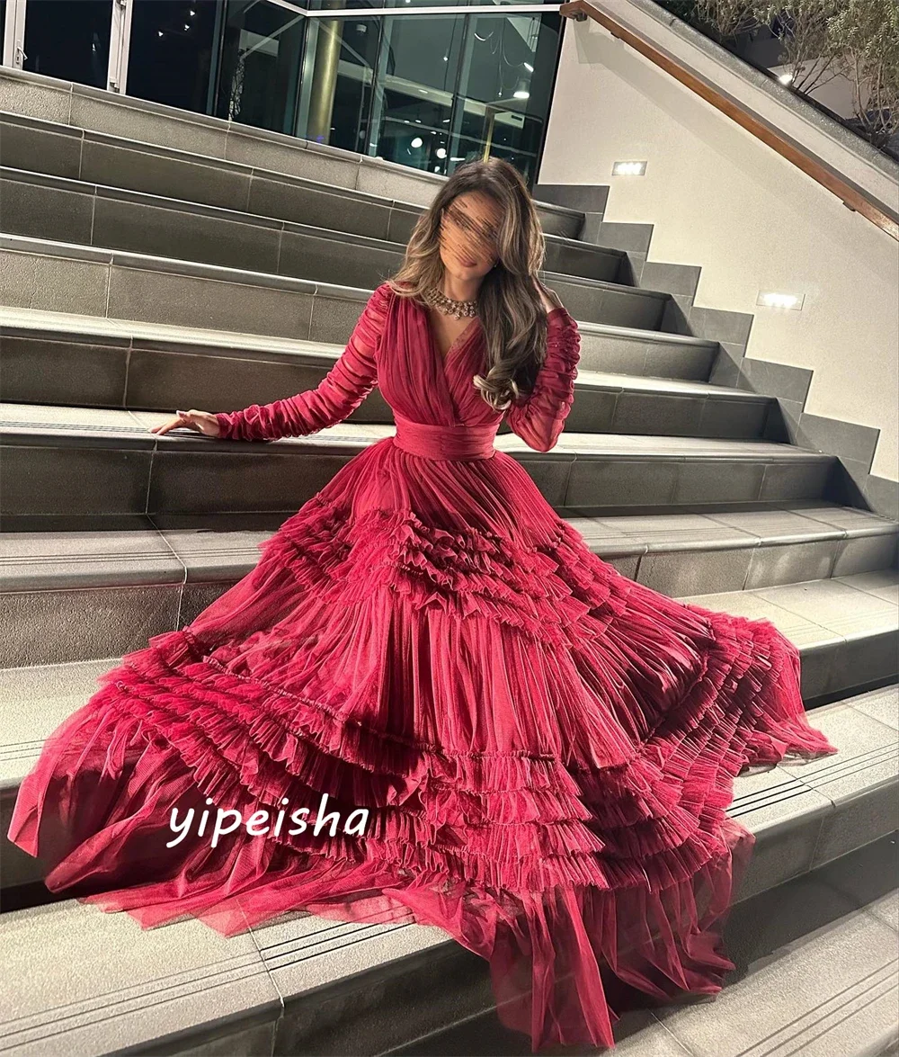 Customized Simple Sexy Casual V-neck A-line Quinceanera Dress Draped Shirred Floor Length Skirts Net/Tulle Evening Dresses Exqu