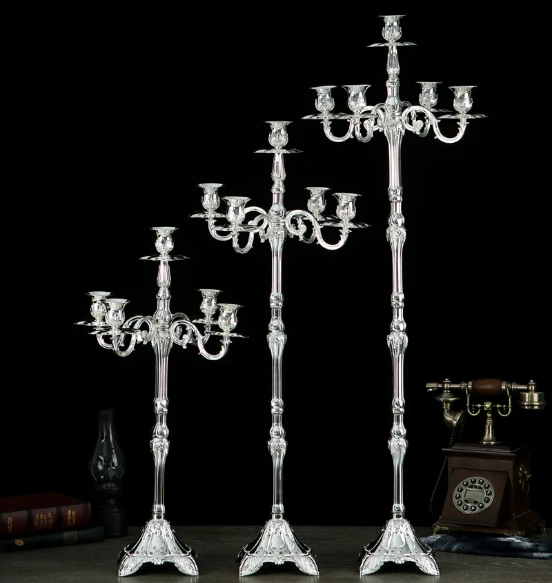 Luxury Tall Candle Holder Metal Living Room Silver Tealight Five Arm Candlestick Wedding Centerpieces Bougeoir Home Decor FC370