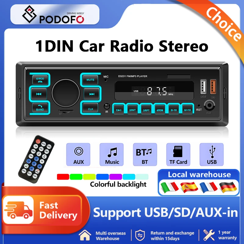 Podofo 1DIN In-Dash Car Radios Stereo Digital BT 12V Car MP3 Player with mobile APP location support TF/U disk music player