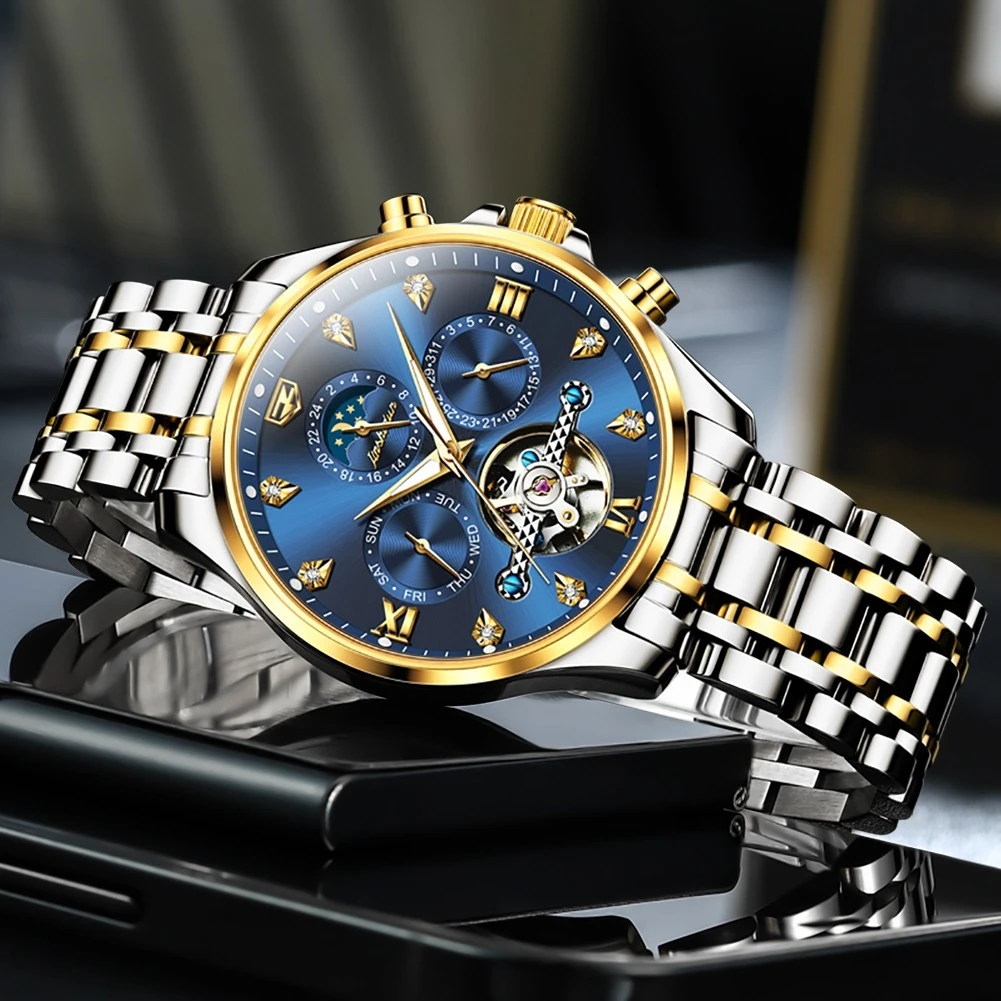 JSDUN 8932 Biznesowy zegarek mechaniczny Prezent Okrągła tarcza Pasek do zegarka ze stali nierdzewnej Zegarek na rękę Kalendarz tygodniowy