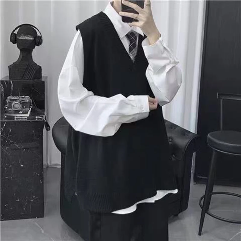 Vintage outono inverno homens v pescoço camisola colete de malha harajuku casual oversized alta qualidade combinando pulôver sólida escola topo