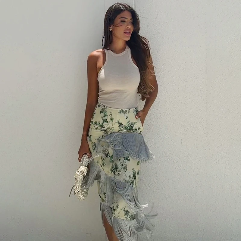 Women Chic High Waist Flower Print Dresses Asymmetric Tassel Border Splicing Bottom Dress Female Holiday Beach Party Long Skirt