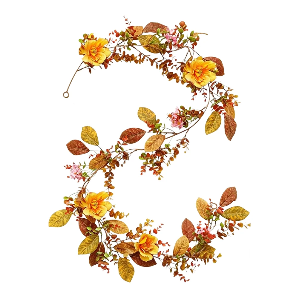 Floral Garland 175cm with Soft Silk Flowers and Waterproof Cloth Leaves for Mantel Table Centerpiece Harvest Festival Decor