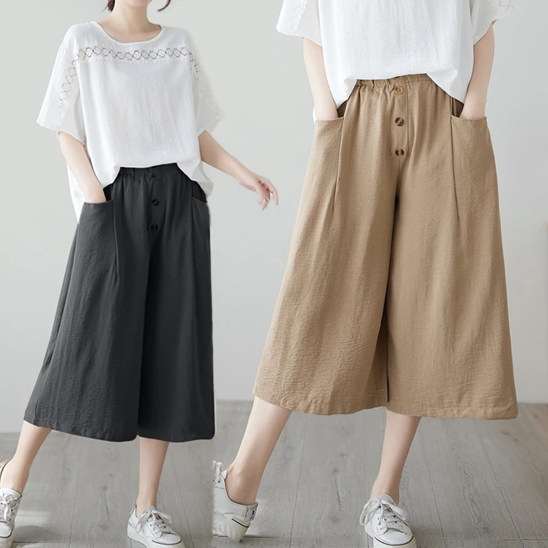 

Casual Versatile Slimming Wide Leg Pants High Waist Seven Inch Thin Cotton Polyester Blend Color Large Size Women's Fas...