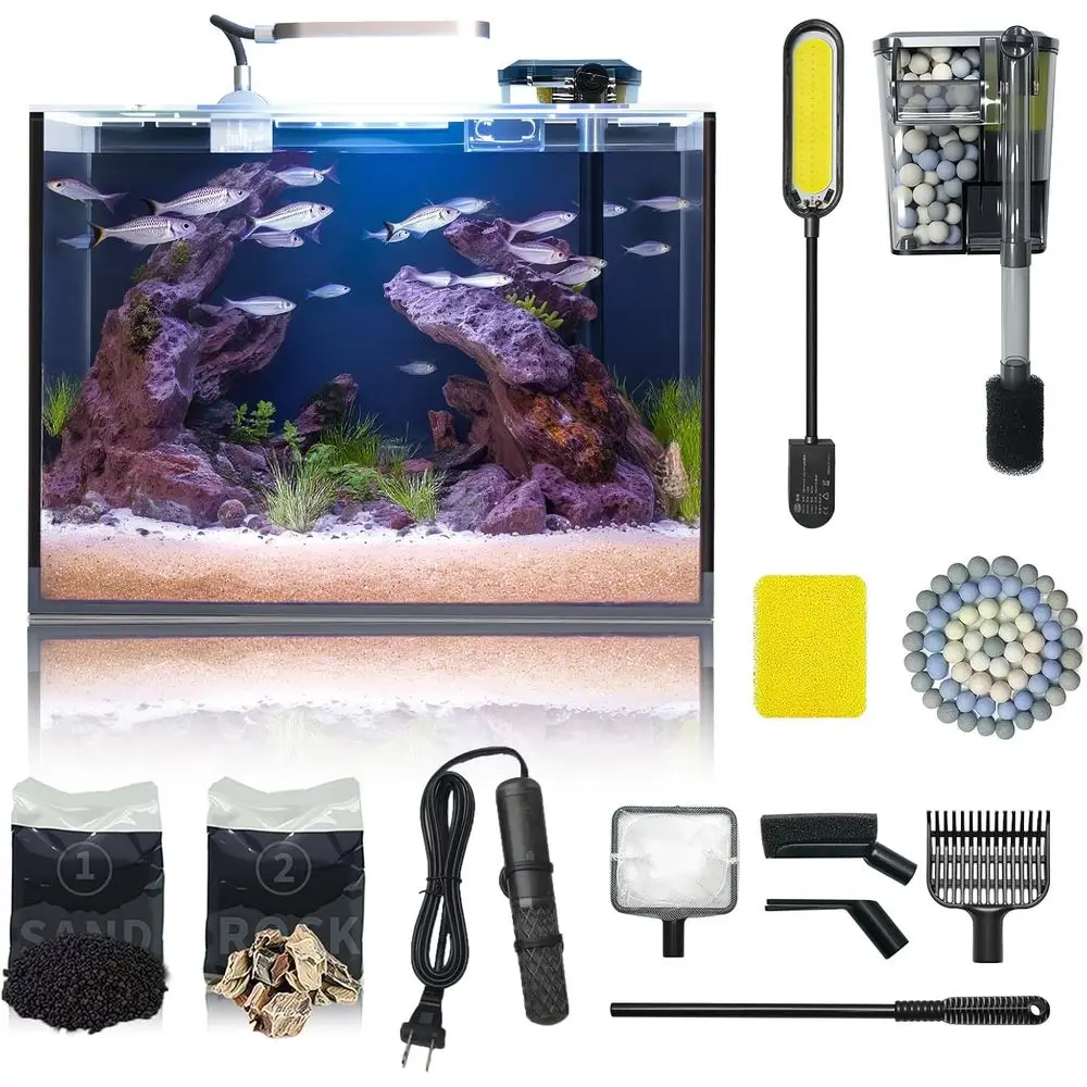 

5 Gallon Glass Aquarium Starter Kit with Heater, Pump, Filter, Light, Rocks, Gravel, Cleaning Tool, and Betta Plants