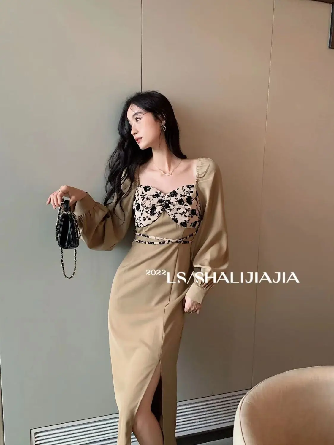 Coffee Colored Temperament Socialite's Slit Skirt High-end and Sexy Square Neck Dress for Women