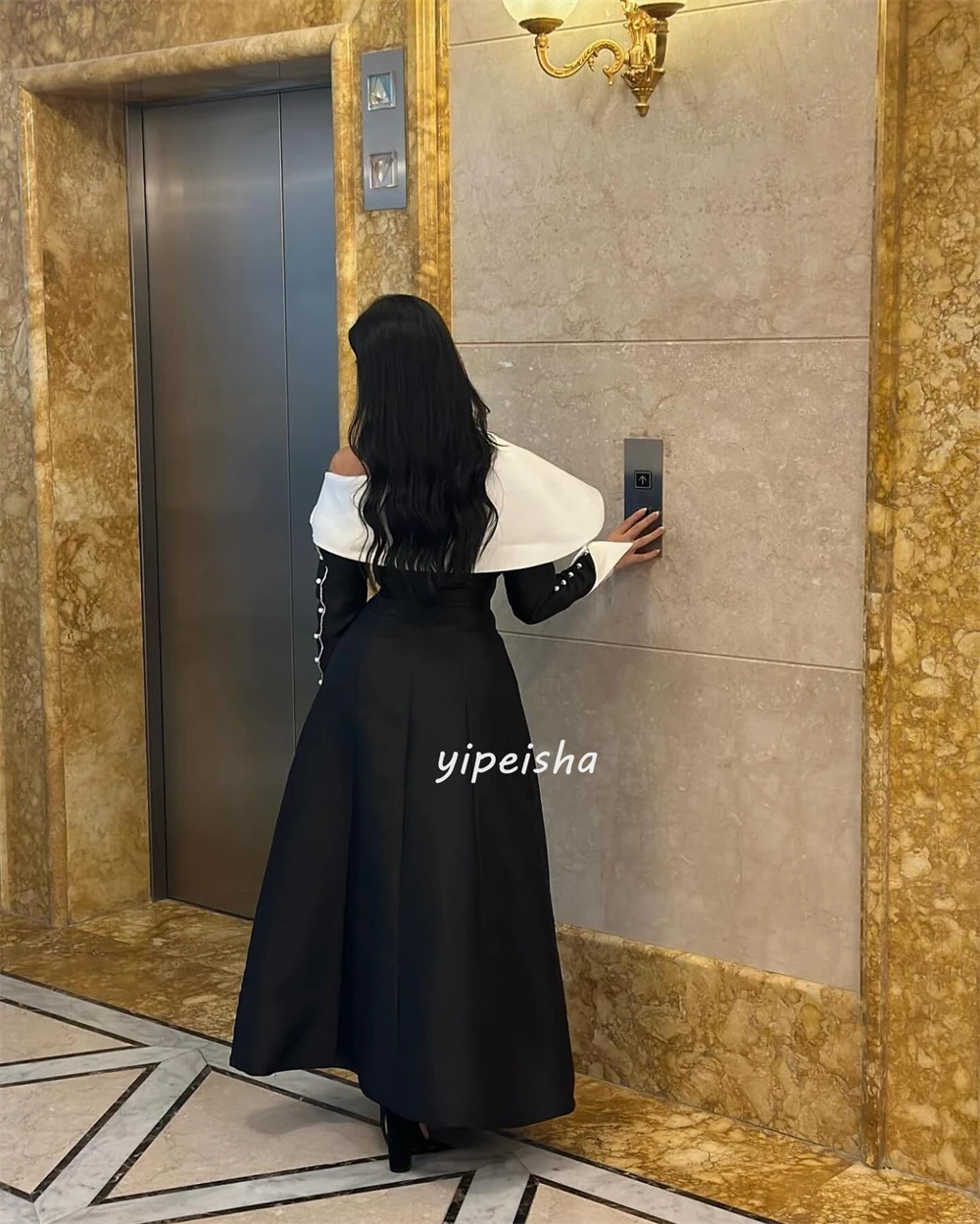 Customized Modern Style Jersey Prom Gown A-line One-shoulder Midi Dress Simple Black Long Sleeve Homecoming Dresses