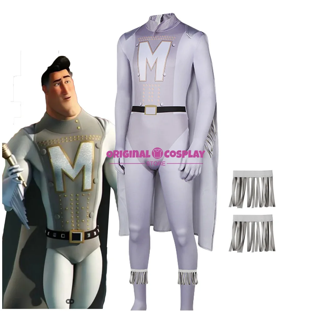

Megamind Metro Cosplay Man Sliver Jumpsuit with Cloak Costume Halloween Carnival Party Performance Outfits for Men