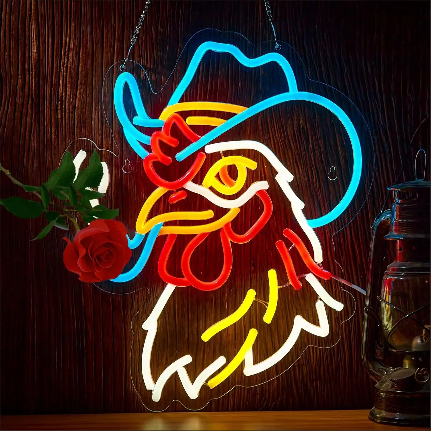 

Cowboy Rooster Neon Sign Dimmable LED Light for Western Themed Man Cave Bar Pub Club Bedroom Birthday Boys Kids Room Wall Decor