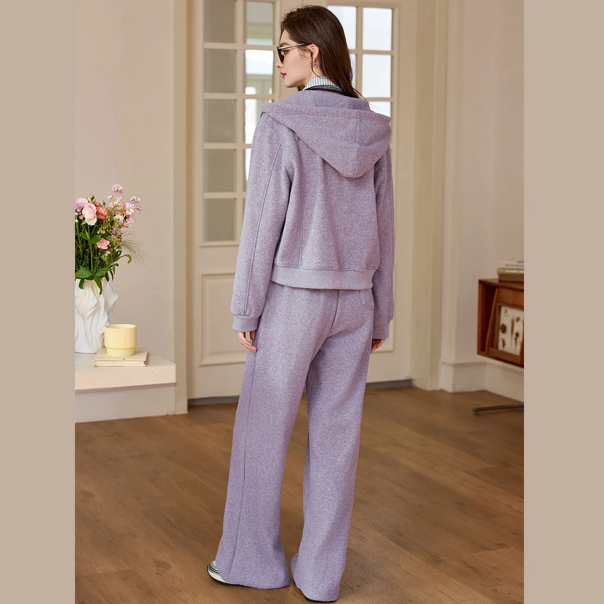 Fleece-Lined Thickened Women's Sets LOUIS YAO 2025 Autumn Winter Two-Piece Set Casual Hooded Cardigan and Straight-Leg Pants