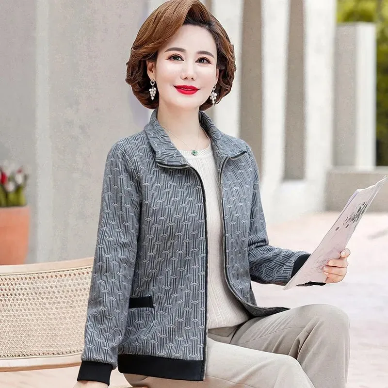 2022 Spring Autumn New Middle-Aged Elderly Mom Coat  Loose Lapel Zipper Fashion Jacket Women\'s Casual Long Sleeves Outerwear