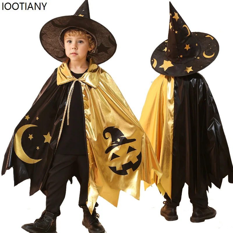 

Halloween Kids Magician Cosplay Costume Star And Moon Cloak Unisex Gold-stamped Wizard Cloaks Carnival Festival Party Dress Up