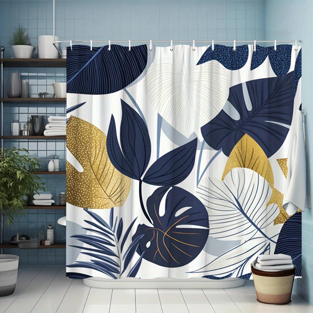 

1 Tropical Leaves Geometric Shower Curtain- Navy and Gold Modern Minimalist Design Polyester Fabric With Hooks, Machine Washable