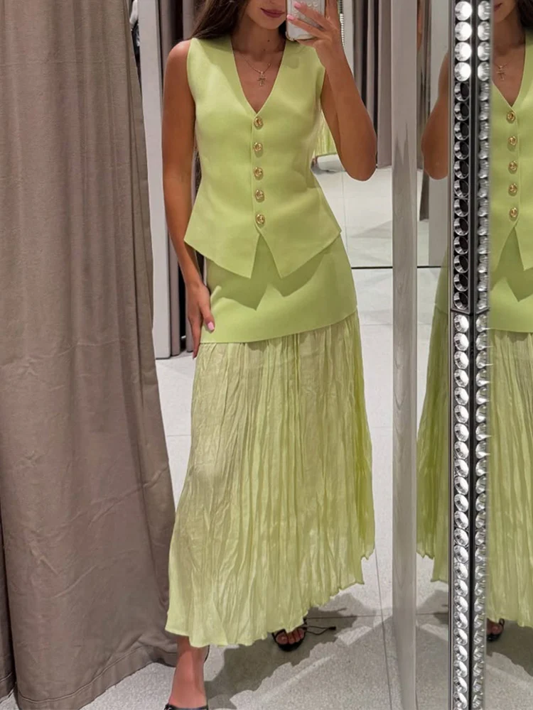 HH Elegant Women's Two-Piece Outfit Knitted V-Neck Sleeveless Slim Vest +Solid High Waist Zipper Patchwork Long Skirt Set