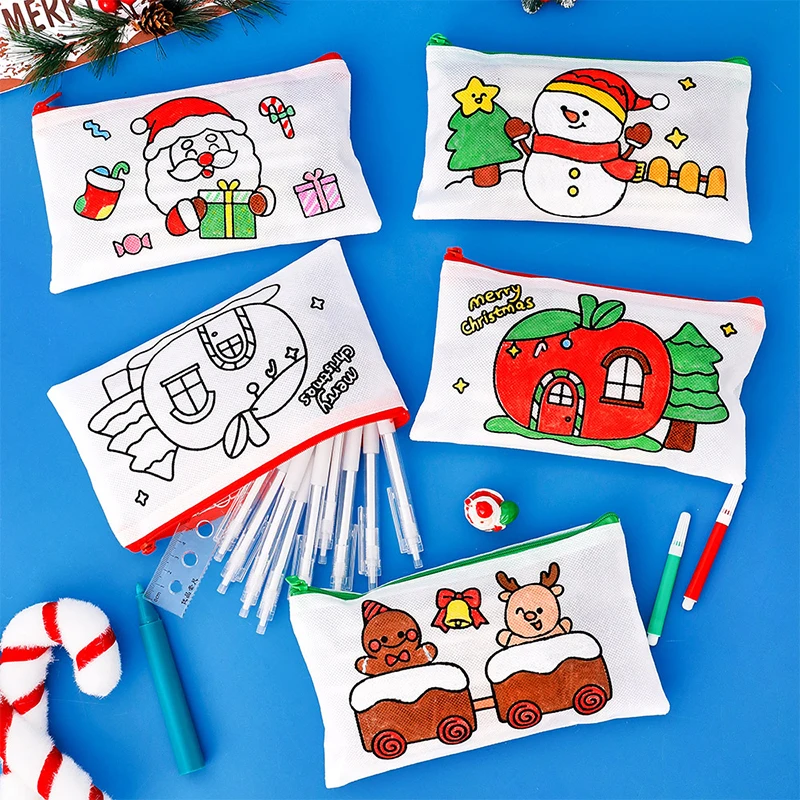 1 Pcs Creative Cartoon Christmas Theme Doodle Pencil Bag Student Large Capacity Stationery Storage DIY Pencil Box Gift