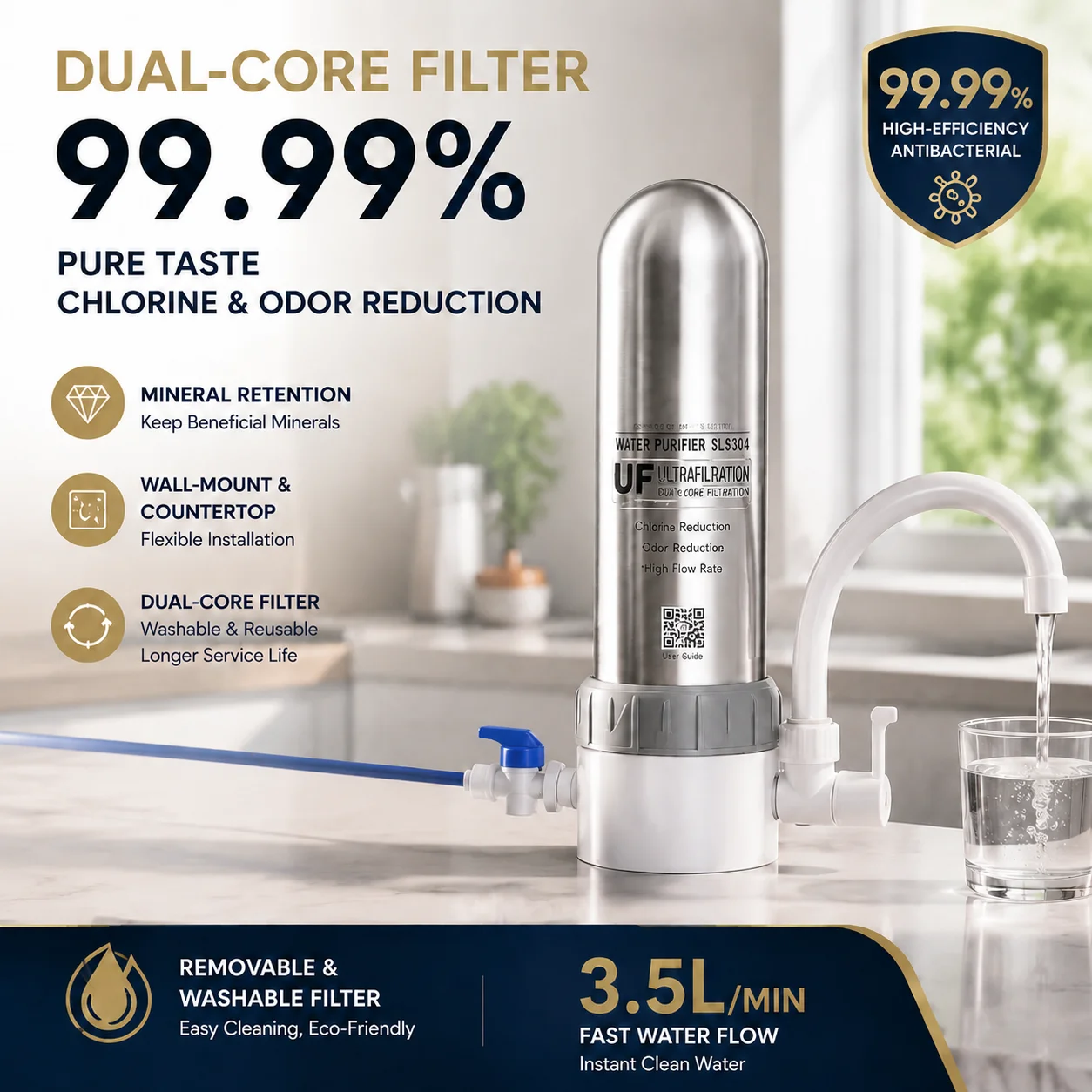 Dual Core Filter Detachable Washable Water Purifier Wall Mounted Kitchen Countertop Ultrafiltration Water Filter Direct Drinking
