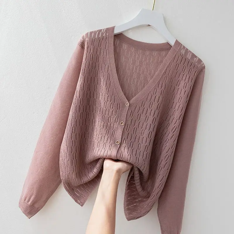 V-neck Long-sleeved Ice Silk Cardigan Sun protection Clothing women Loose Summer New Thin Knitwear Sweater Top Female Knitwear