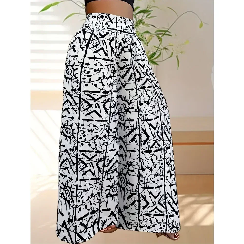 

Plus Size 1XL-5XL Women's Elegant Drawstring High Waisted Printed Wide Leg Pants Female Casual Loose Long Trousers Pants