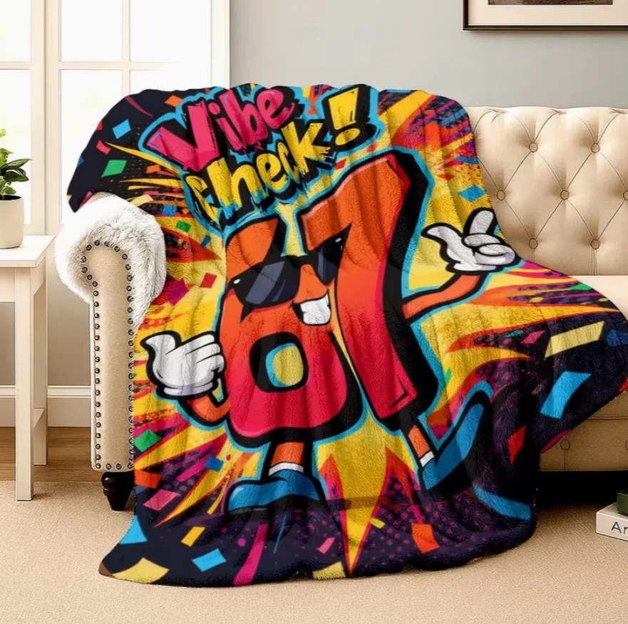 Flannel Blanket, 67 Number Item with Funny Expression 2D Printed Throw Camping Blanket Birthday/Holiday Gift Bed/Office/Tourism