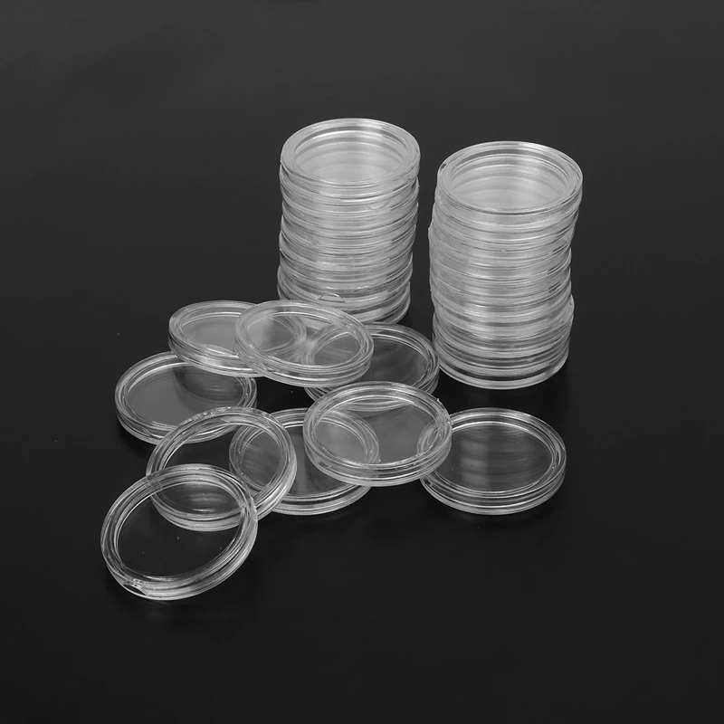 100Pcs portamonete capsule Storage trasparente vetrine rotonde per la decorazione del contenitore di protezione dei gioielli della moneta 26mm plastica