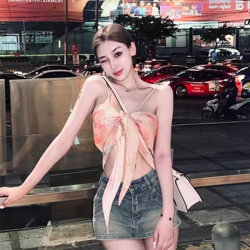 Sweet and Spicy Girl Triangle Scarf Wearing Tie Dyed Small Suspended Tank Top for Women's Beach French Design Short Top
