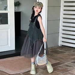 Summer New Children Clothing School Girls' Bib Skirt Sets Soft Denim Patchwork Mesh irregular Dress +Tank Two pieces Suit 5-12T
