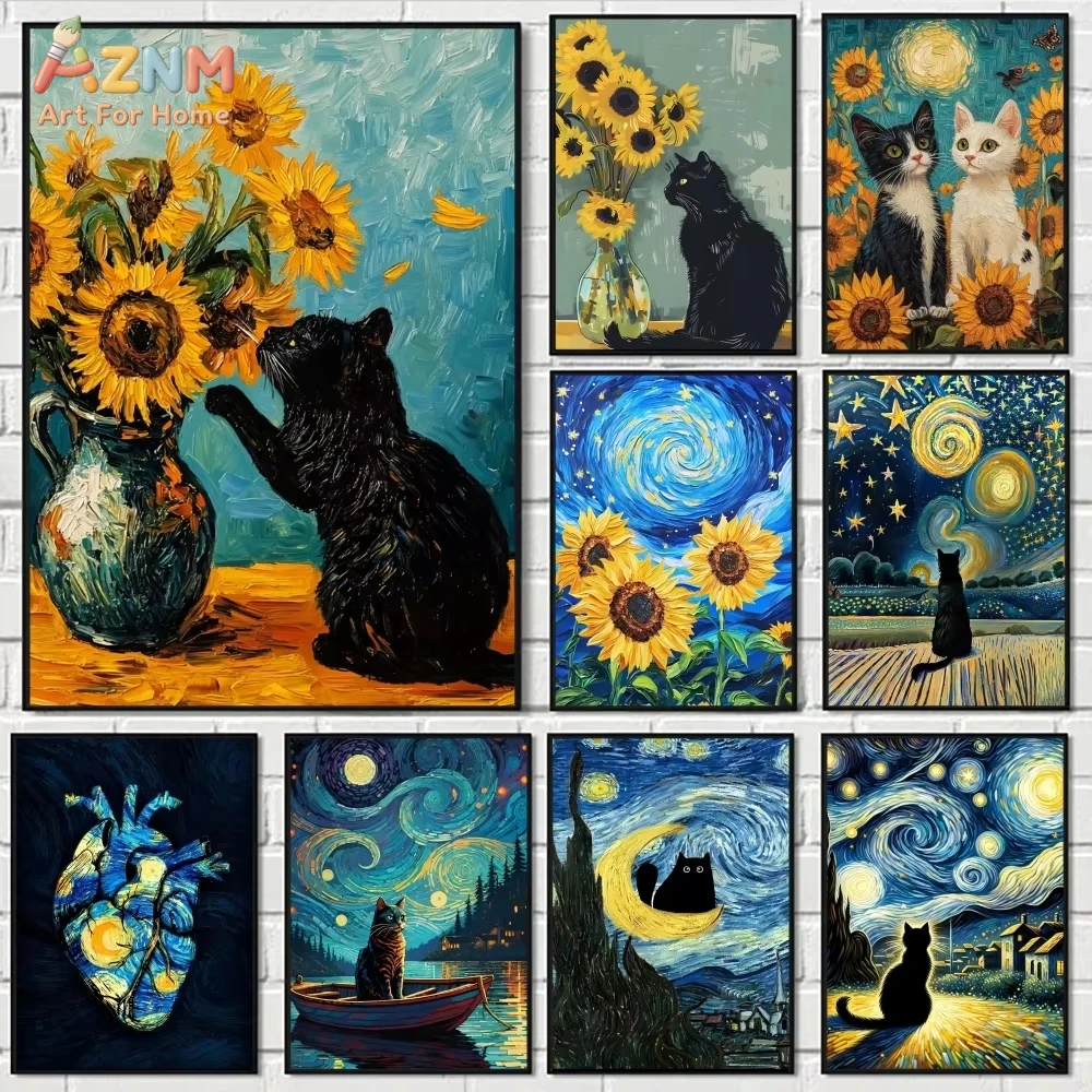 

1pc Black Cat V-VanGogh Sunflowers Painting Calligraphy Pictures Room Home Bedroom Interior Wall Decoration Canvas Poster Art