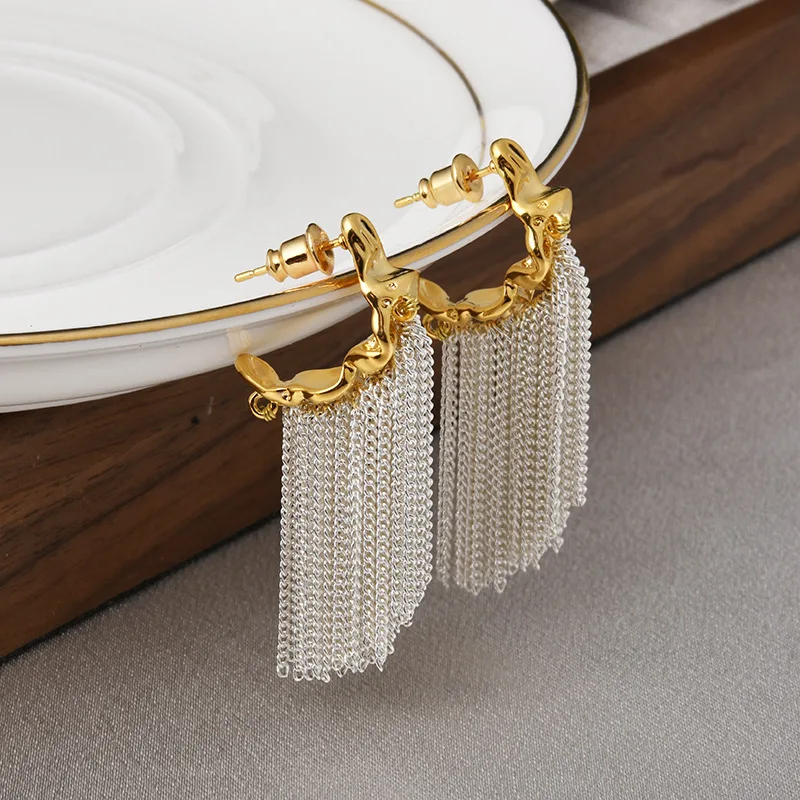 

Frosty Metal Geometric Chain Tassel Earrings Niche Design