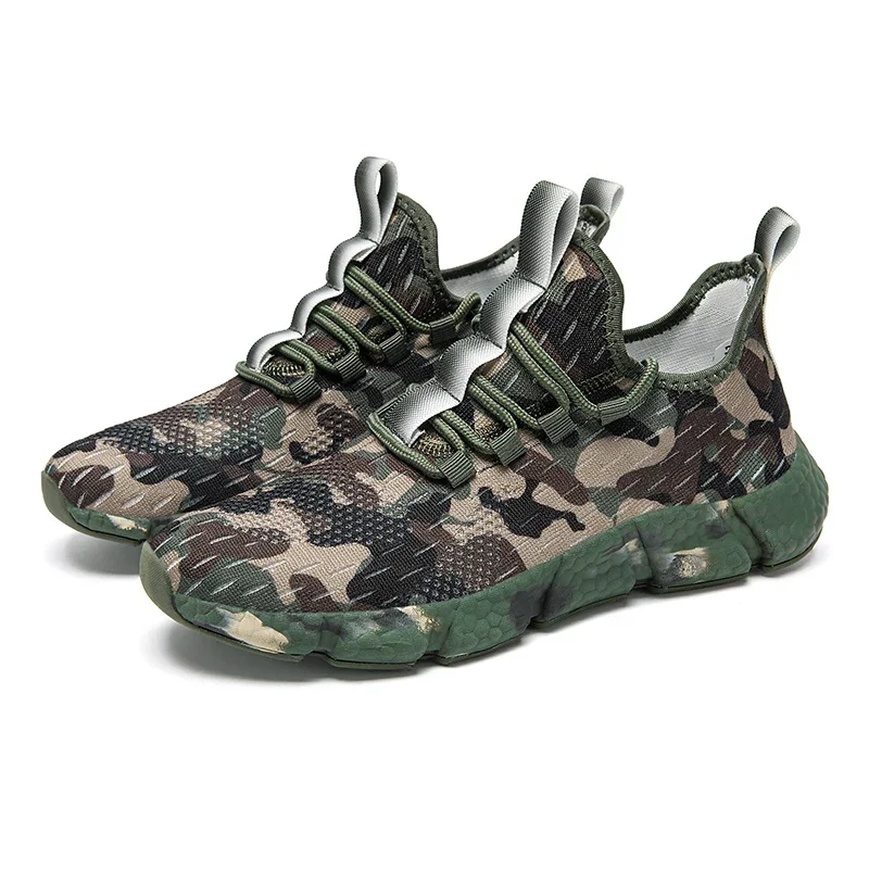 Army Green Camouflage Casual Shoes Women Men Sneakers Outdoor Low Top Sock Shoes Mesh Thick Soled Cushioning Size 36-46