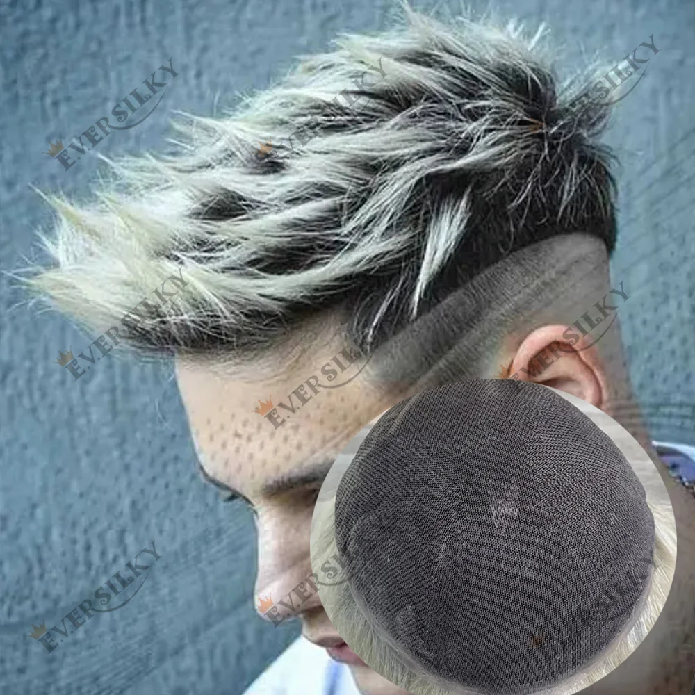 

Мужской парик-накладка из натуральных человеческих волос, омбре платиновый блонд, полностью швейцарское кружево, 1bt60, с очень естественной линией роста волос, черные корни, отбеленные узлы