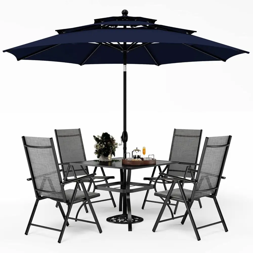 

Grey Metal Square Patio Dining Set with 4 Chairs and Umbrella, No Base Needed
