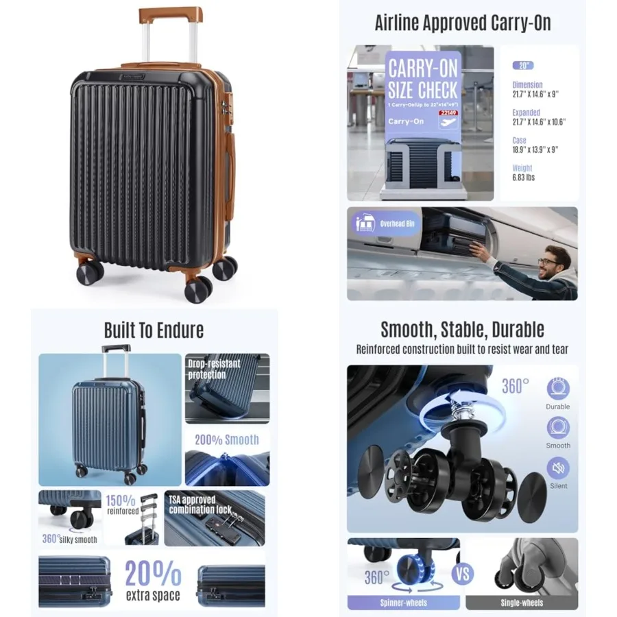 

Carry On Luggage 22x14x9 Airle Approved, Durable Hard Shell Carry On Suitcases with Wheels, Expandable Hardside Lightweight Tra