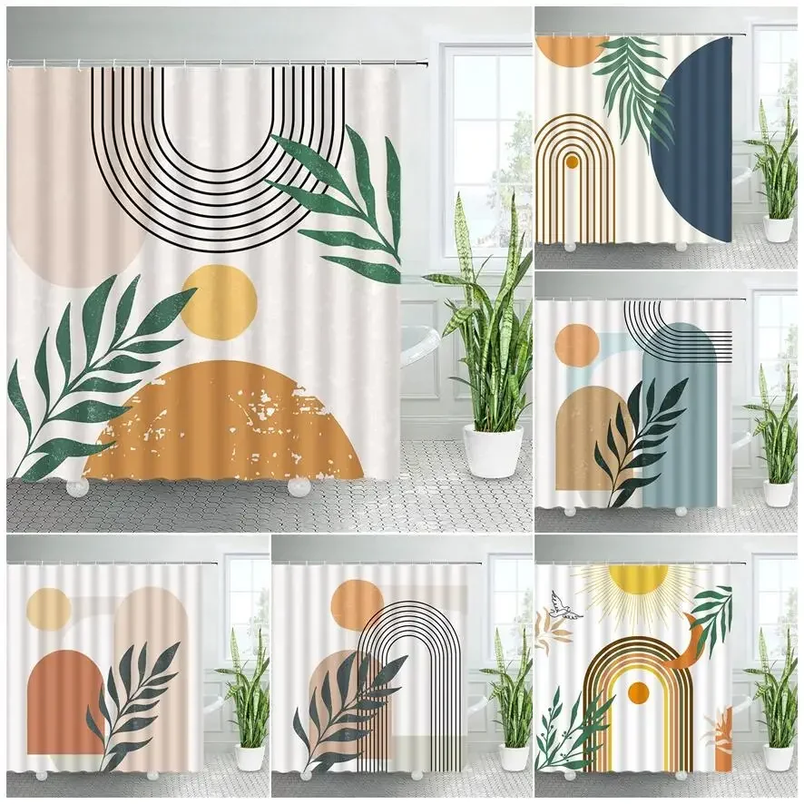 Abstract Mid Century Shower Curtain Modern Minimalist Art Black Lines Green Leaves Boho Geometric Fabric Home Bathroom Decor Set