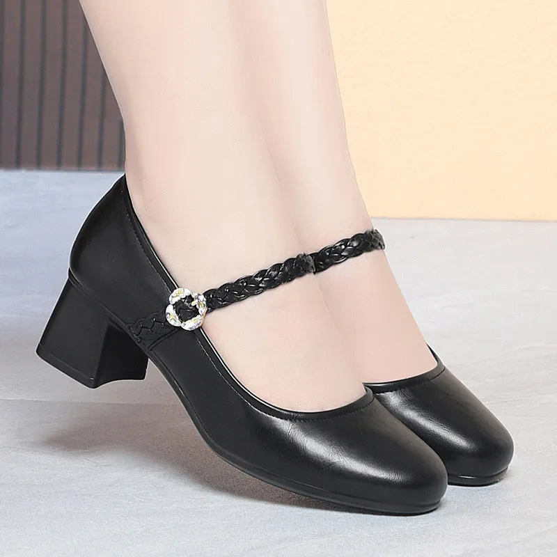 

5cm Elegant Breathable Comfortable Shallow Soft Leather Shoes Women Spring 2026 Knit Buckle Mary Janes Block Heel Shoes Daily