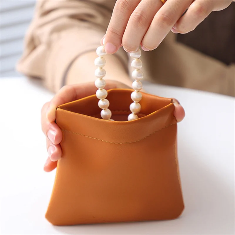 Leather Women Coin Purse Automatic Close Metal Shrapnel Mini Storage Bag Portable Lipstick Earbuds Card Key USB Solid Bag