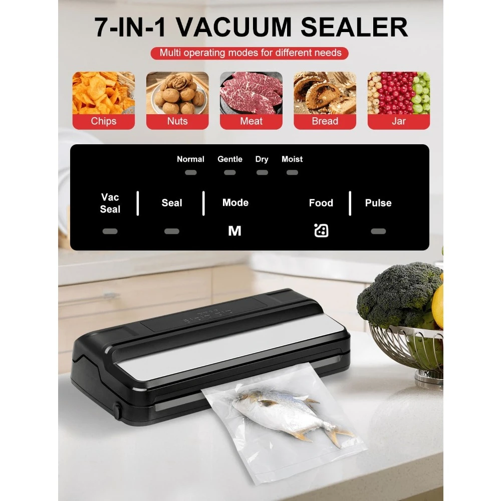 Vacuum Sealer, Dry/Moist Mode with Build-in Cutter & Storage, Vacuum Bags & 14MM Widened Heating Strip, Vacuum Food Sealers