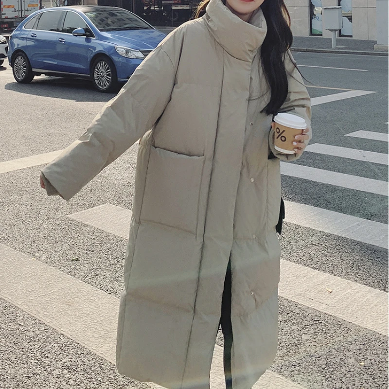 2023 New Long Parka Women Puffer Jacket Long Sleeve Down Cotton Padded Cotton Jacket Large Pockets Thicken Warm Korean Outerwear