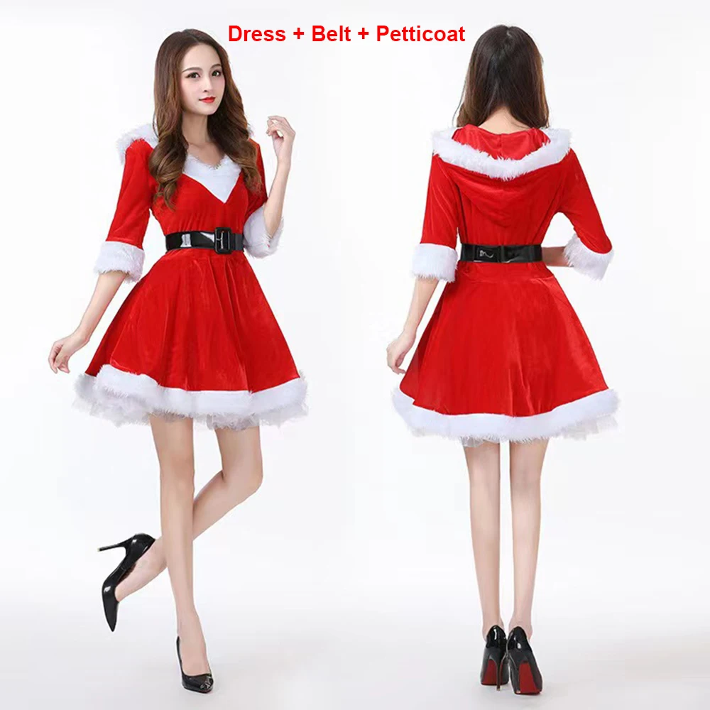 Disfraces de Navidad para mujer, Vestido de felpa de Cosplay de Papá Noel, lencería Sexy, vestido de fiesta con capucha rojo de invierno, traje de Navidad de Año Nuevo