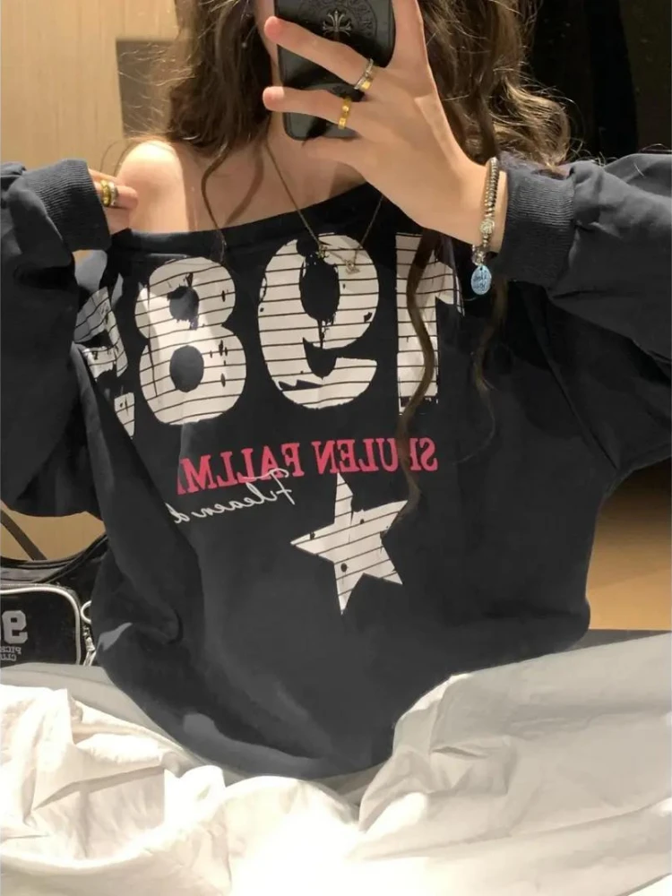 

HOUZHOU Letter Graphic Women Black Sweatshirts Pullovers Long Sleeve Gray Hoodies Off Shoulder American Vintage Oversize Casual
