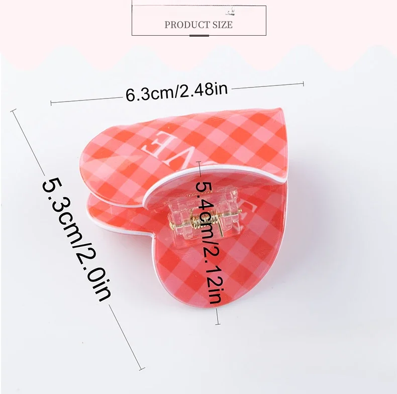 Rose Plaid Heart Shape Hair Clip para Mulheres, rabo de cavalo Gripper, Back of Head Hairpin, férias, alta, Acessório de Moda, Carta, Meninas