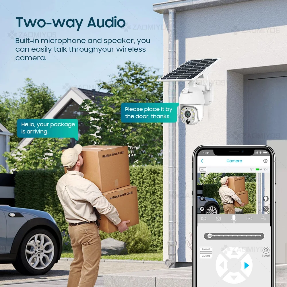 ZAOMIYOS marca 4G SIM Card WIFI batteria solare telecamera PTZ 3MP/5MP esterno impermeabile PIR allarme Motion Detection P2P telecamera CCTV