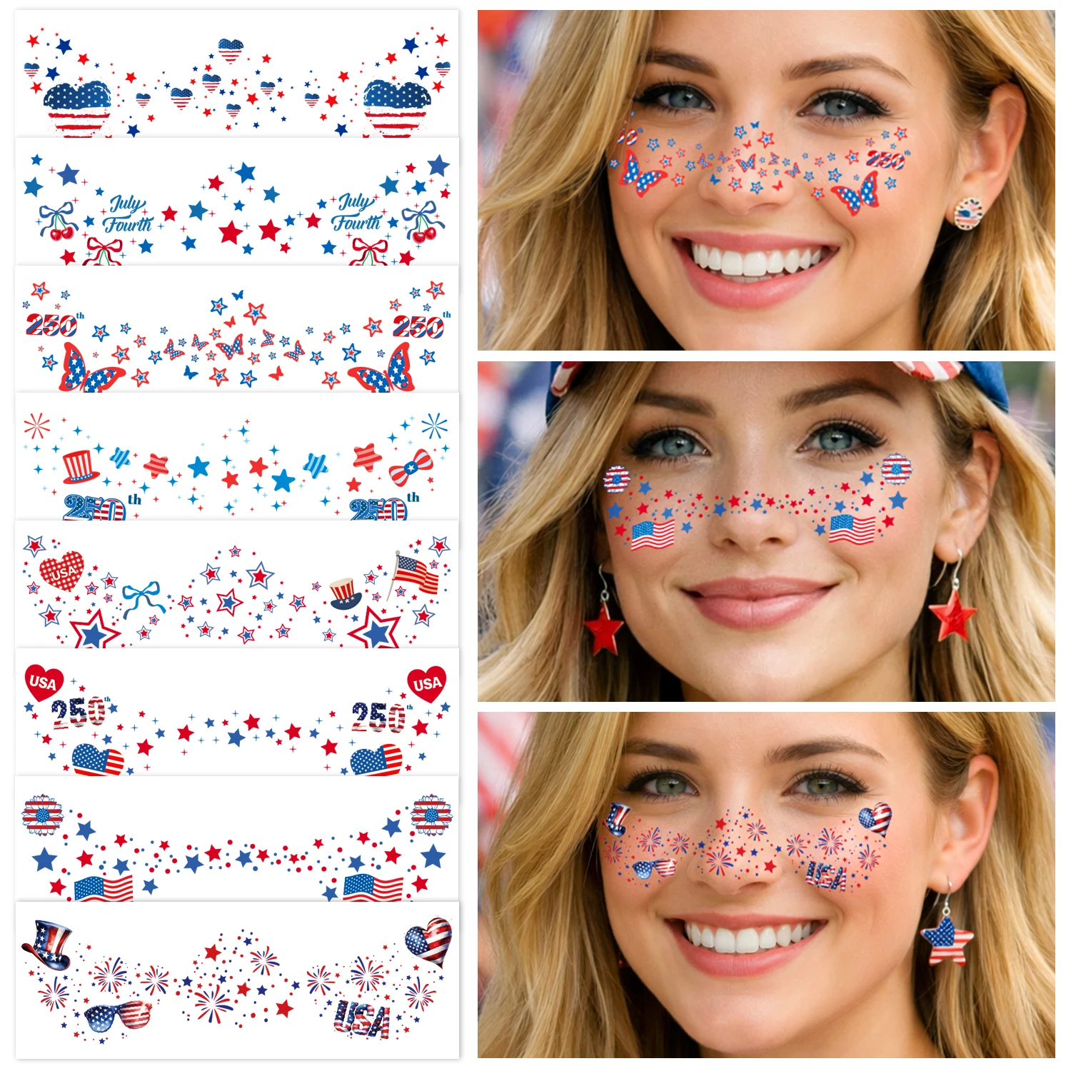 

8 листов наклеек-тату для лица с веснушками к 250-летию - 4 июля - Патриотические тату-наклейки ко Дню независимости США 1776–2026, День 4 июля