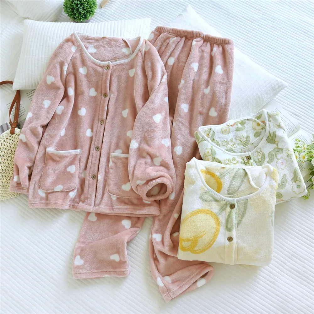 

Женские осенне-зимние теплые пижамы, домашняя одежда, коралловые бархатные пижамы для девочек, утепленная милая фланелевая домашняя одежда