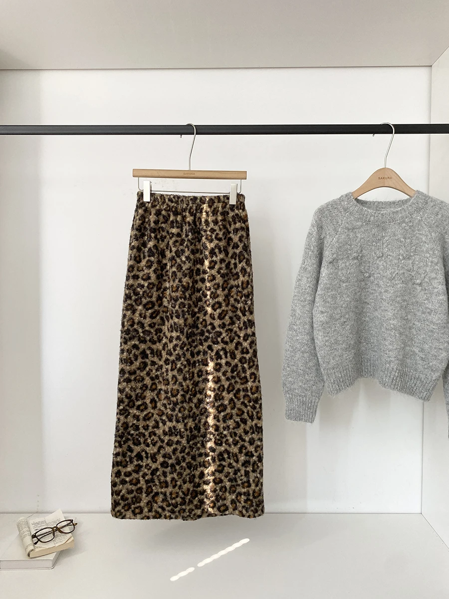Retro Fashionable Leopard Print High Waist  Skirt Women's Autumn Winter New Style Lamb Fur A-Line Midi Skirt