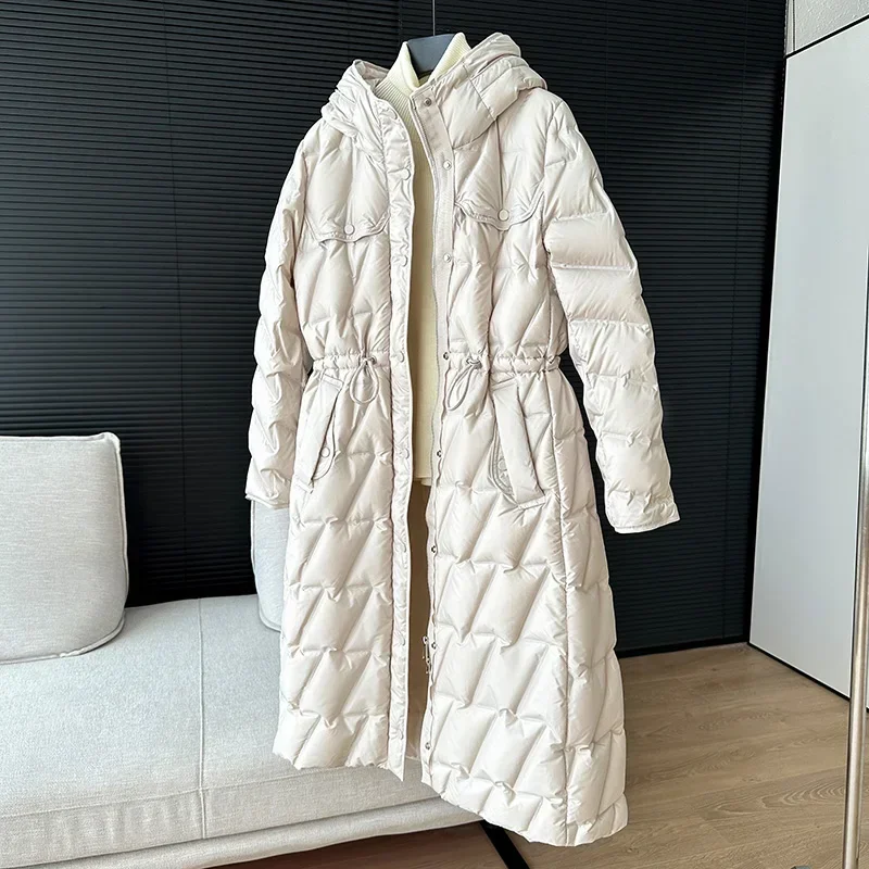 Lagabogy 2024 Winter Women 90% White Duck Down Jacket Long Slim Adjustable Waist Puffer Coat Female Hooded Parkas Snow Outwear